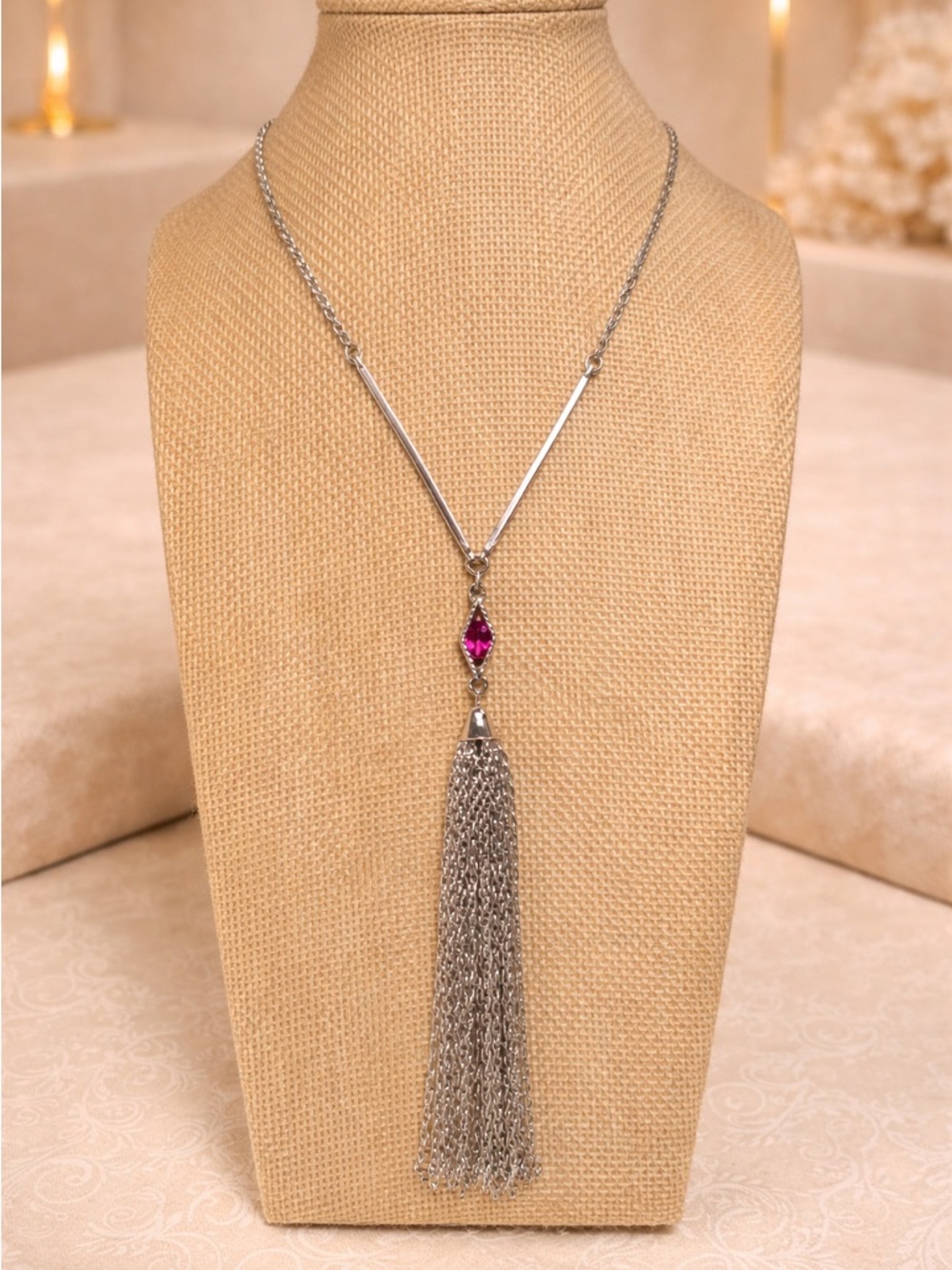 Vintage SARAH COVENTRY Silver Tone Tassel 20" Necklace Pink Rhinestone Pendant